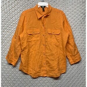 Lauren Ralph Lauren 100%Linen Top Blouse Women XL Orange 3/4Sleeve Roll Tab